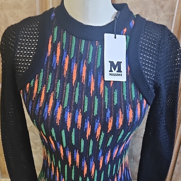 Missoni Vibrant Knit Patterned Dress with Black Textured Sleeves New Size 36 (0) - Picture 2 of 14